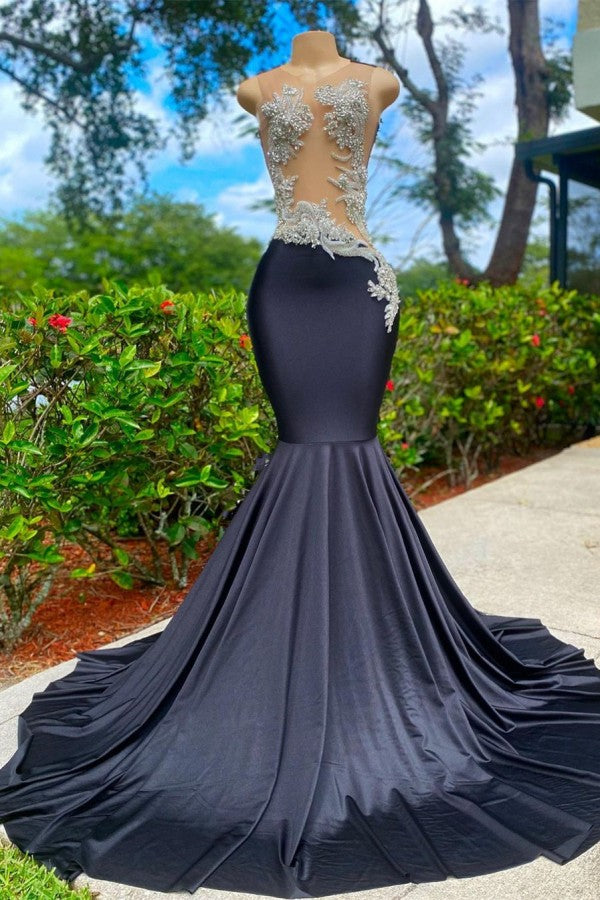 Charming Black Long Mermadi Jewel Satin Tulle Lace Appliques Corset Prom Dress outfits, Party Dresses Summer