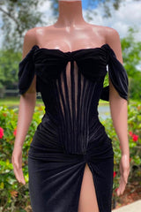 Charming Black Long Mermaid Off the Shoulder Velvet Corset Prom Dress with Slit Gowns, Party Dresses For Teenage Girls