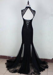 Charming Black Mermaid Backless Long Evening Dress, High Neckline Corset Prom Dress outfits, Party Dress Style