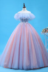 Charming Blue and Pink Tulle Off Shoulder Sweet 16 Dress with Lace, Corset Ball Gown Corset Formal Dress outfit, Bridesmaid Dress Neutral