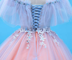 Charming Blue and Pink Tulle Off Shoulder Sweet 16 Dress with Lace, Corset Ball Gown Corset Formal Dress outfit, Bridesmaid Dress Sleeveless