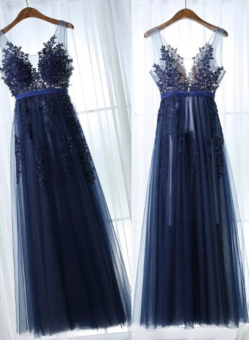 Charming Blue Lace Applique Corset Prom Dress, A-line Blue Corset Bridesmaid Dress outfit, Evening Dress Sleeve