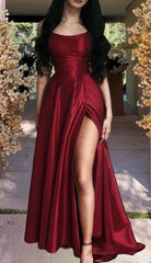 Charming Burgundy Side Slit Long Evening Dress, Sexy Corset Prom Dresses outfit, Flowy Prom Dress