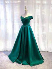 Charming Dark Green Satin Long Junior Corset Prom Dress, Off Shoulder Evening Gown outfits, Classy Dress Outfit