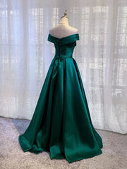 Charming Dark Green Satin Long Junior Corset Prom Dress, Off Shoulder Evening Gown outfits, Fantasy Dress