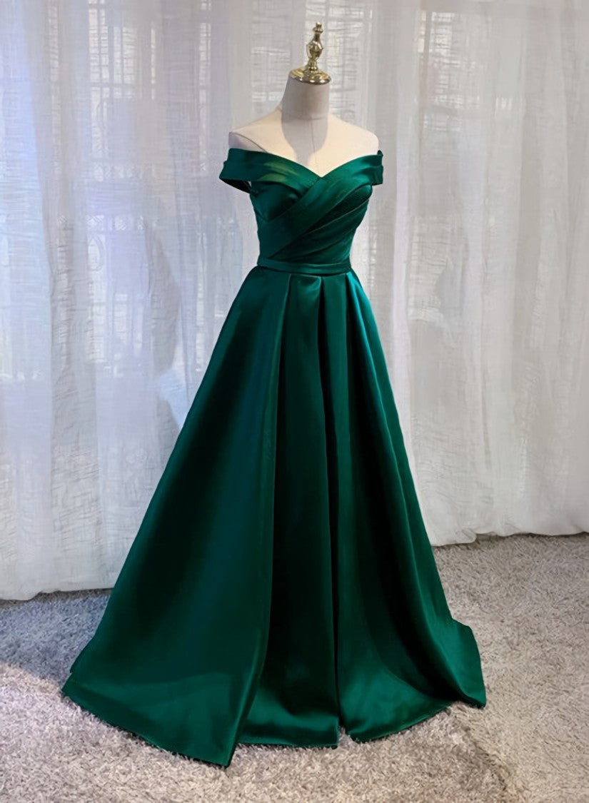 Charming Dark Green Satin Long Junior Corset Prom Dress, Off Shoulder Evening Gown outfits, Prom Dress Inspo