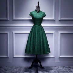 Charming Dark Green Tea Length High Neckline Party Dress, Corset Wedding Party Dress Outfits, Wedding Dresses Elegant Classy