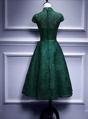 Charming Dark Green Tea Length High Neckline Party Dress, Corset Wedding Party Dress Outfits, Wedding Dresses Classy Elegant