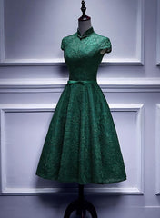 Charming Dark Green Tea Length High Neckline Party Dress, Corset Wedding Party Dress Outfits, Wedding Dress Elegant Classy