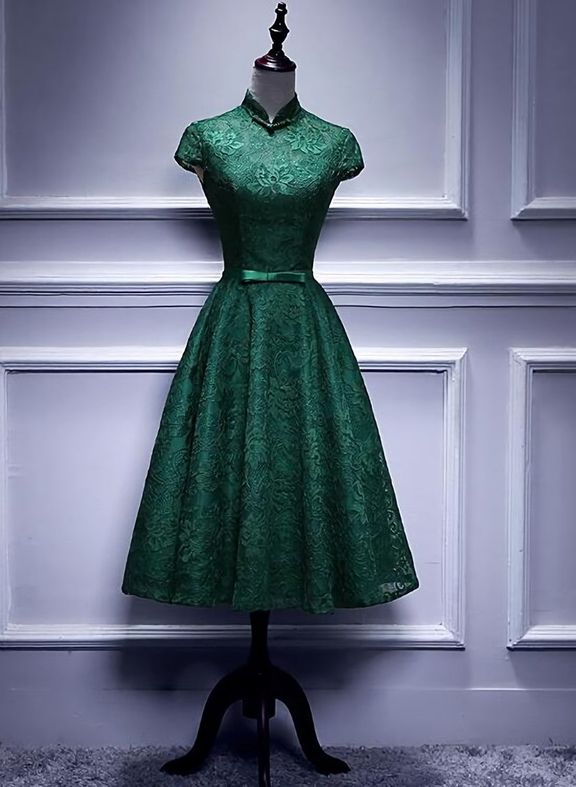 Charming Dark Green Tea Length High Neckline Party Dress, Corset Wedding Party Dress Outfits, Wedding Dress Shopping Outfits