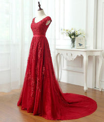 Charming Dark Red Lace A-line Long Corset Prom Dress, Red Evening Gown outfits, Evening Dresses Midi