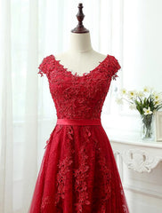 Charming Dark Red Lace A-line Long Corset Prom Dress, Red Evening Gown outfits, Evening Dresses Long Sleeve