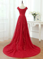 Charming Dark Red Lace A-line Long Corset Prom Dress, Red Evening Gown outfits, Evening Dress Long Sleeve