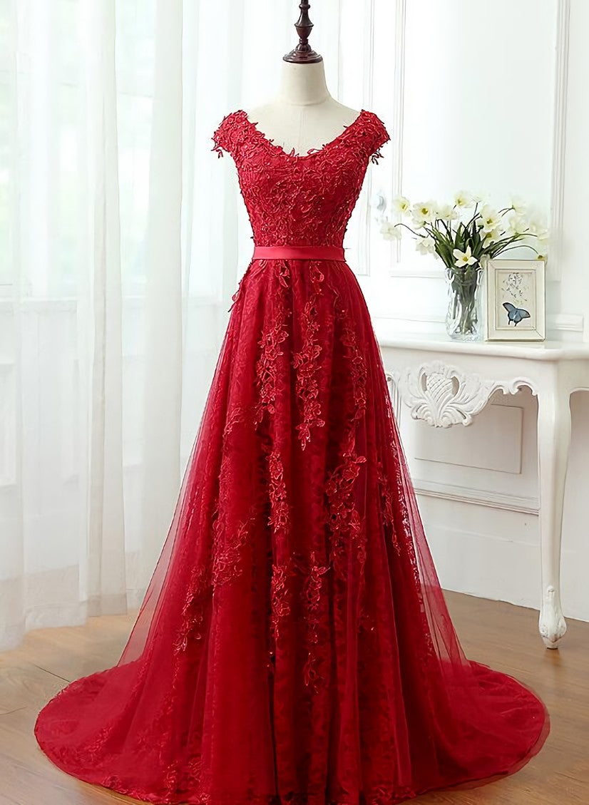 Charming Dark Red Lace A-line Long Corset Prom Dress, Red Evening Gown outfits, Evening Dresses Off The Shoulder