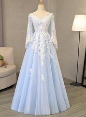 Charming Light Blue Tulle V-neckline Long Party Dress, Corset Prom Dress outfits, Formal Dresses Prom