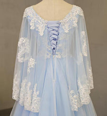Charming Light Blue Tulle V-neckline Long Party Dress, Corset Prom Dress outfits, Formal Dresses Vintage