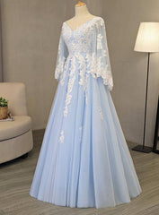 Charming Light Blue Tulle V-neckline Long Party Dress, Corset Prom Dress outfits, Formal Dresses 2030