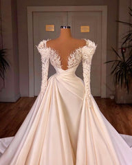 Charming Long A-line Cathedral V-neck Satin Lace Corset Wedding Dresses With Sleeves Gowns, Wedding Dress For Beach Wedding