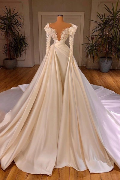 Charming Long A-line Cathedral V-neck Satin Lace Corset Wedding Dresses With Sleeves Gowns, Wedding Dresses For Beach Weddings