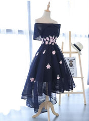 Charming Navy Blue Tulle Party Dress with Flowers, Cute Corset Prom Dress outfits, Long Gown