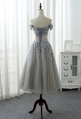 Charming Off-the-shoulder Corset Homecoming Dress, Short A-line Tulle Gray Party Dress Outfits, Homecoming Dress Elegant