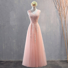 Charming Pearl Pink Tulle Simple Party Dress with Lace, V-neckline Long Corset Formal Dress outfit, Party Dress Maxi