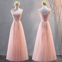 Charming Pearl Pink Tulle Simple Party Dress with Lace, V-neckline Long Corset Formal Dress outfit, Party Dresses Maxi