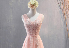 Charming Pearl Pink Tulle Simple Party Dress with Lace, V-neckline Long Corset Formal Dress outfit, Party Dress Casual