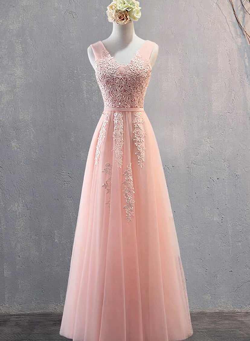 Charming Pearl Pink Tulle Simple Party Dress with Lace, V-neckline Long Corset Formal Dress outfit, Party Dress Teens