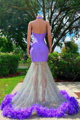 Charming Purple Long Mermaid Halter Satin Tulle Corset Prom Dress outfits, Party Dress Sleeves