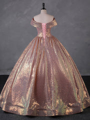 Charming Rose Gold Sequins Long Party Dress, Off Shoulder Sequins Corset Prom Dress outfits, Bridesmaid Dresses Designers
