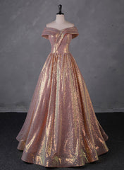 Charming Rose Gold Sequins Long Party Dress, Off Shoulder Sequins Corset Prom Dress outfits, Bridesmaid Dress Designs