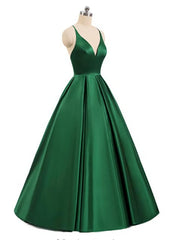 Charming Satin Cross Back Deep V-neckline Long Party Dress, Floor Length Evening Dress outfit, Bridal Bouquet