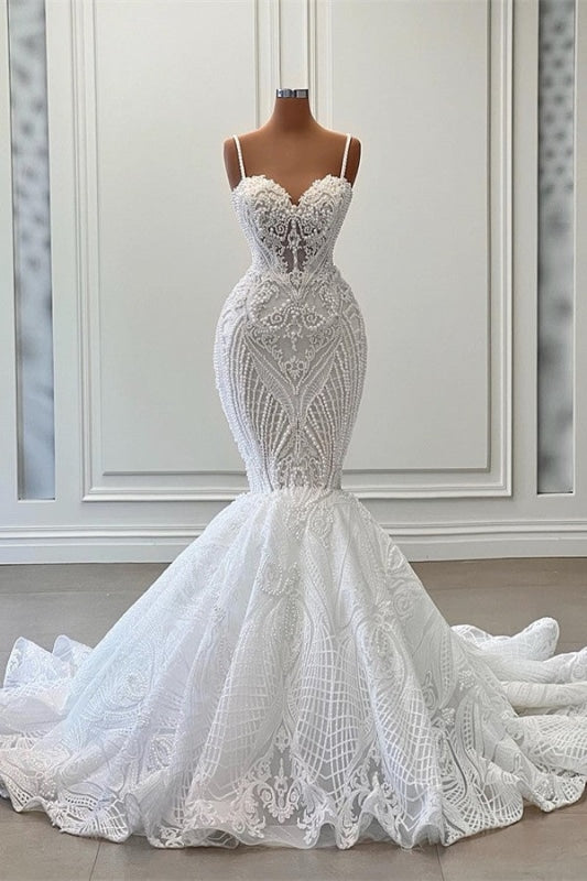 Charming Sleeveless Spaghetti Straps Mermaid Corset Wedding Dress with Ruffles Gowns, Wedding Dress Fall