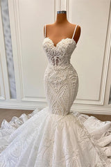 Charming Sleeveless Spaghetti Straps Mermaid Corset Wedding Dress with Ruffles Gowns, Wedding Dress White