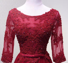 Charming Wine Red Short Sleeves Lace Applique Corset Wedding Party Dress, Corset Formal Gown outfit, Wedding Dress Lace Sleeves