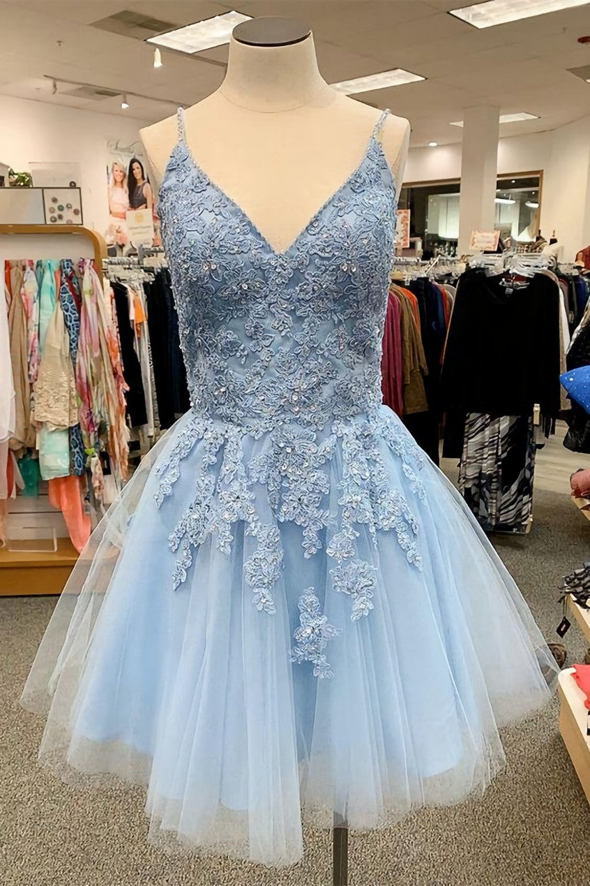 Chic A-line Light Blue Tulle Corset Homecoming Dress With Lace Appliques,Cocktail Dress,Semi Corset Formal Dresses outfit, Prom Dress Types