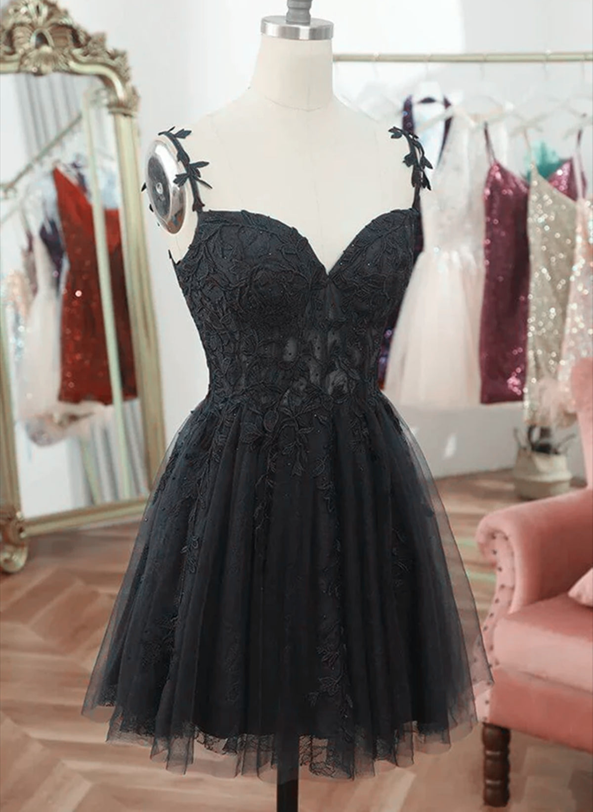 Chic Black Lace Straps Tulle Short Party Drss, Black Sweetheart Corset Homecoming Dress outfit, Bridesmaid Dresses Shops