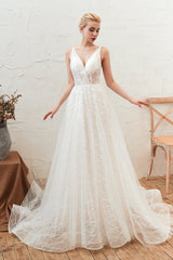 Chic Deep V-Neck White Tulle Princess Open Back Corset Wedding Dresses with Court Train Gowns, Wedding Dress Under 208