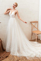 Chic Deep V-Neck White Tulle Princess Open Back Corset Wedding Dresses with Court Train Gowns, Wedding Dress Short Bride