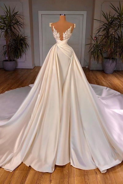 Chic Long A-line Cathedral Sleeveless V-neck Satin Corset Wedding Dresses outfit, Wedding Dresses Princesses
