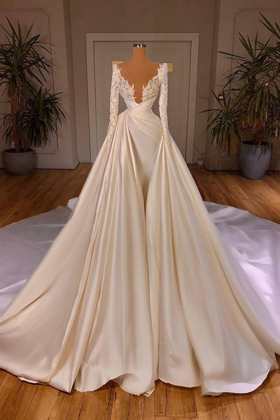 Chic Long A-line Cathedral V-neck Satin Lace Corset Wedding Dress With Sleeves Gowns, Wedding Dress Lace Simple