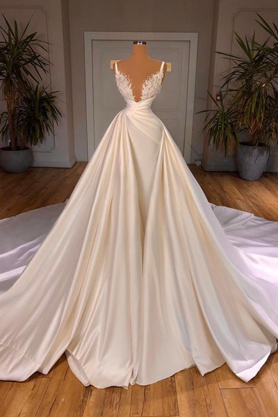 Chic Long A-line Sleeveless Spaghetti Strap Cathedral V-neck Satin Lace Corset Wedding Dress outfit, Wedding Dresses Lace Simple