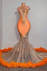 Chic Orange Long Mermaid Halter Sleeveless Tulle Corset Prom Dress outfits, Party Dress Night Out