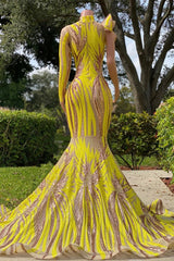 Chic Yellow Long Mermaid High Neck Tulle Lace Corset Prom Dress with Sleeves Gowns, Party Dress White