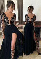 Chiffon Long/Floor-Length A-Line/Princess Full/Long Sleeve Bateau Zipper Up At Side Corset Prom Dress With Appliqued Gowns, Party Dress For Couple