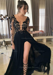 Chiffon Long/Floor-Length A-Line/Princess Full/Long Sleeve Bateau Zipper Up At Side Corset Prom Dress With Appliqued Gowns, Prom Dress Inspo