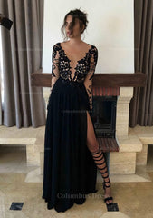 Chiffon Long/Floor-Length A-Line/Princess Full/Long Sleeve Bateau Zipper Up At Side Corset Prom Dress With Appliqued Gowns, Classy Dress Outfit