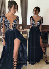 Chiffon Long/Floor-Length A-Line/Princess Full/Long Sleeve Bateau Zipper Up At Side Corset Prom Dress With Appliqued Gowns, Salad Dress Recipes