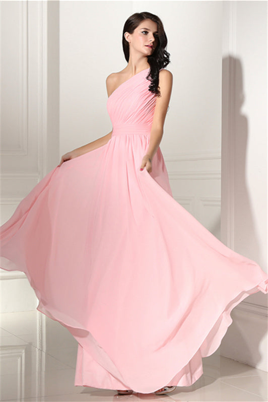 Chiffon Pink One Shoulder Long Corset Bridesmaid Dresses outfit, Party Dress Afternoon Tea